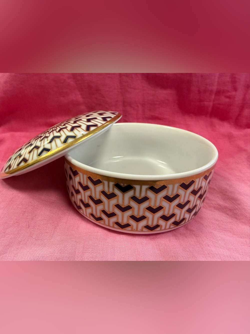 Tiffany & Co. porcelain trinket dish & lid, Manhattan Blue geometric Gold/navy